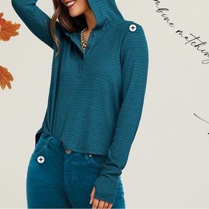 CAbi Riff Hoodie 4191 Teal and Gray with Thumb Holes in Wide Ribbed Cuff size M